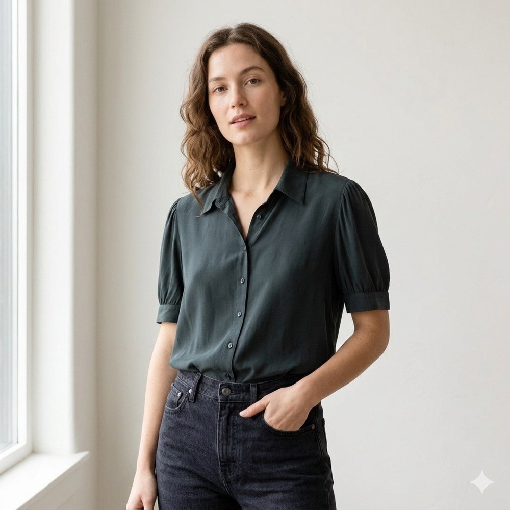 Quince Dark Teal Button-Up Puff Sleeve Blouse